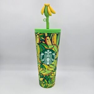 Starbucks x Farm Rio Banana Tropical Green Cold Cup Tumbler 24oz Straw Topper